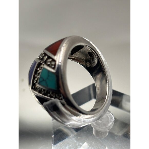 Sterling Silver Ring Multicolor Inlay Gemstones - Turquoise Lapis Onyx 7.5 6g Wt - Picture 5 of 10